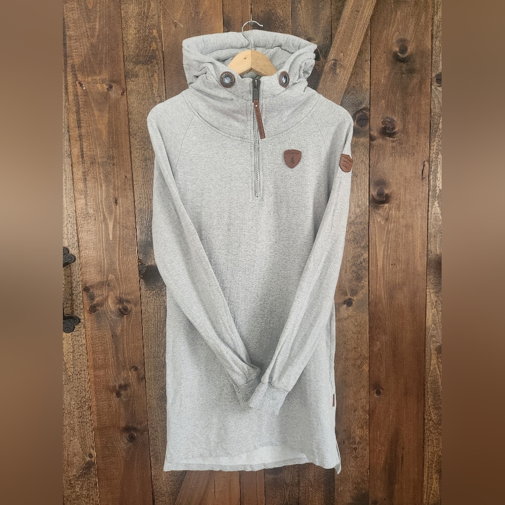Size M Wanakome Lightweight Gray Hooded Pullover Dress with Leather Accents